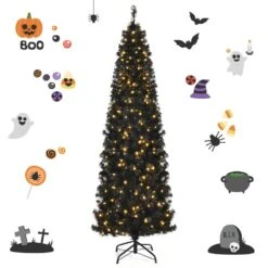 7 Ft. Pre-Lit Black Halloween Artificial Christmas Tree Artificial PVC Slim Pencil Christmas Tree