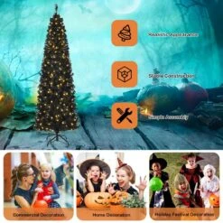 7 Ft. Pre-Lit Black Halloween Artificial Christmas Tree Artificial PVC Slim Pencil Christmas Tree -Northlight Shop gymax pre lit christmas trees gym08655 76 1000