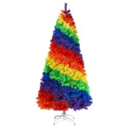 7 Ft. Colorful Rainbow Hinged Artificial Christmas Tree Holiday Decor With Metal Stand