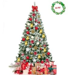 6 Ft. Snow Flocked Artificial Christmas Tree Hinged Pine Tree With Metal Stand -Northlight Shop gymax unlit christmas trees gymhd0006 fa 1000