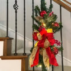 26 In. Battery Operated Pre-Lit LED Artificial Madison Staircase Swag With Red And Gold Bow -Northlight Shop haute decor christmas swag dcsw2601 31 1000