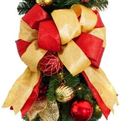 26 In. Battery Operated Pre-Lit LED Artificial Madison Staircase Swag With Red And Gold Bow -Northlight Shop haute decor christmas swag dcsw2601 4f 1000