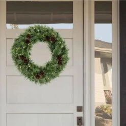 24 In. Green Battery Operated Prelit LED Cashmere Artificial Christmas Wreath With Pinecones -Northlight Shop haute decor christmas wreaths dcwr2410 31 1000