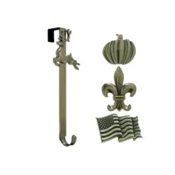 15.75 In. Artificial Antique Brass Adjustable Wreath Hanger With Flag, Reindeer, Pumpkin, And Fleur De Lis Icons