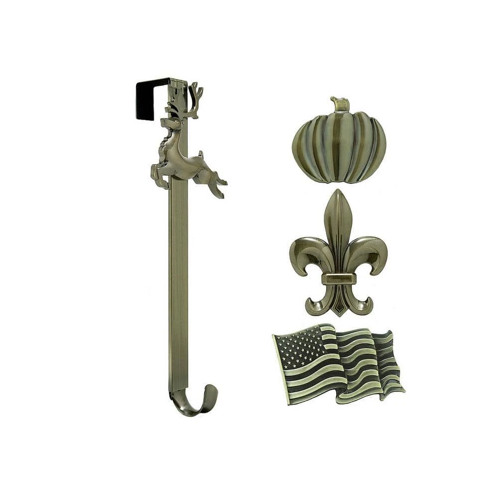 15.75 In. Artificial Antique Brass Adjustable Wreath Hanger With Flag, Reindeer, Pumpkin, And Fleur De Lis Icons 1 15.75 In. Artificial Antique Brass Adjustable Wreath Hanger With Flag, Reindeer, Pumpkin, And Fleur De Lis Icons