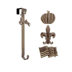 15.75 In. Artificial Oil-Rubbed Bronze Adjustable Wreath Hanger With Flag, Reindeer, Pumpkin, And Fleur De Lis Icons