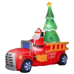 HOMCOM 7.8 Ft. Christmas Santa Inflatable Fire Truck Decoration With LED Lights, Automatic Inflation For Front Yard