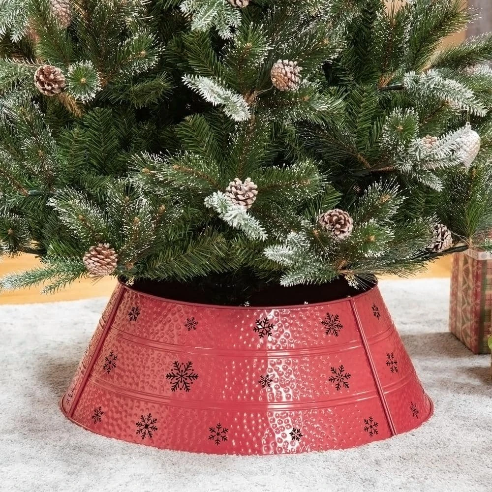 HOMCOM 26 In. Red Steel Home Xmas Decoration Christmas With Snowflake Printed Christmas Tree Collar 2 HOMCOM 26 In. Red Steel Home Xmas Decoration Christmas With Snowflake Printed Christmas Tree Collar - Image 2