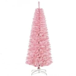 HOMCOM 6 Ft. Artificial Christmas Tree Holiday Xmas Pencil Tree Decoration With Automatic Open For Home Party, Pink
