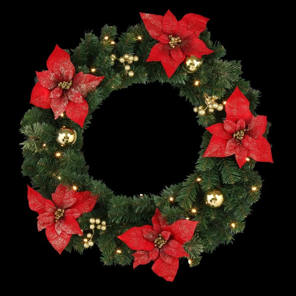 Home Accents Holiday 30 In. Pre-Lit LED Glittered Poinsettia Artificial Christmas Wreath With 35-Lights 5 Home Accents Holiday 30 In. Pre-Lit LED Glittered Poinsettia Artificial Christmas Wreath With 35-Lights - Image 5