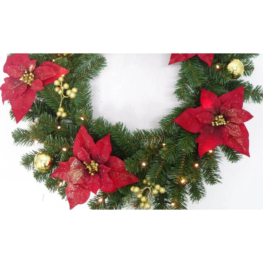 Home Accents Holiday 30 In. Pre-Lit LED Glittered Poinsettia Artificial Christmas Wreath With 35-Lights 6 Home Accents Holiday 30 In. Pre-Lit LED Glittered Poinsettia Artificial Christmas Wreath With 35-Lights - Image 6