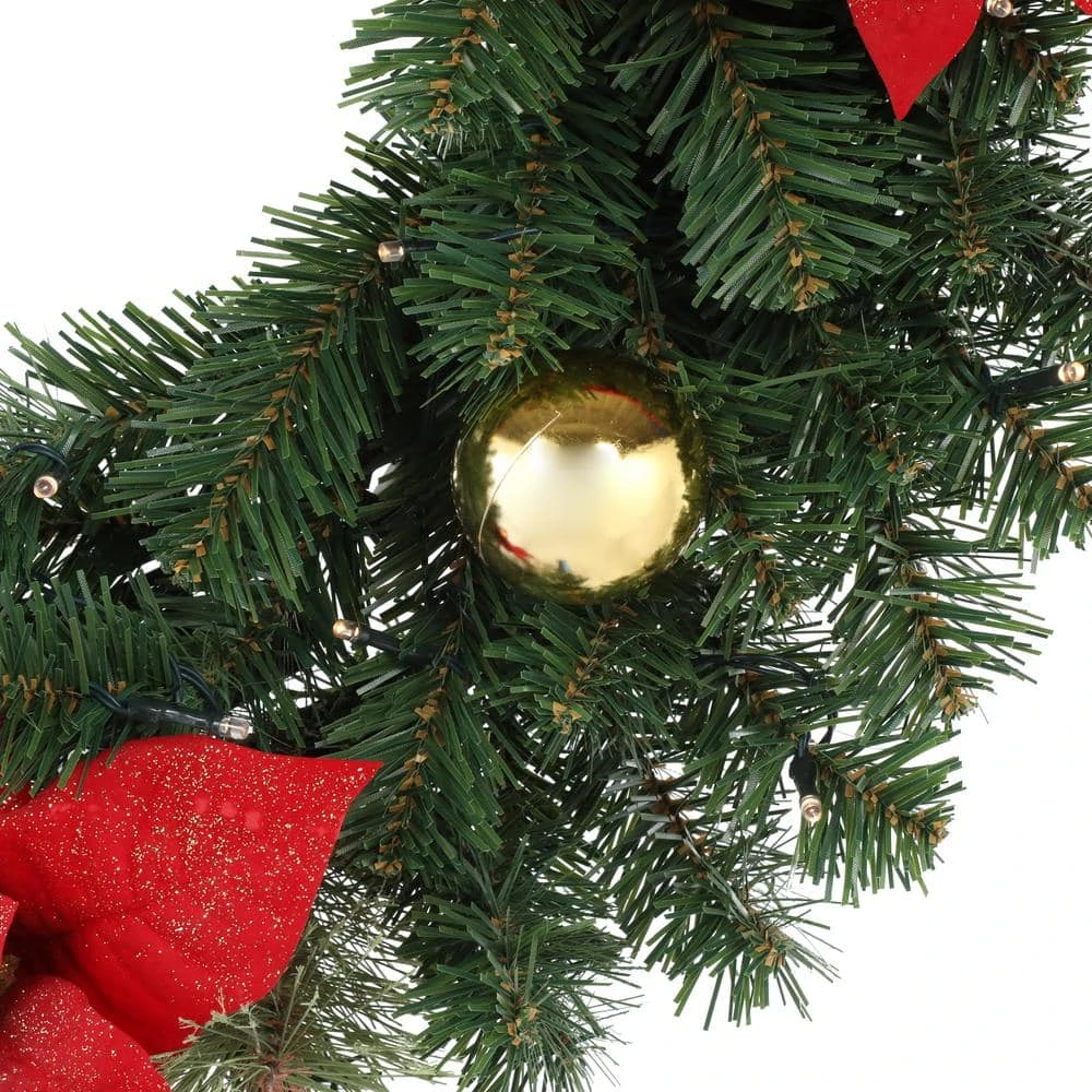 Home Accents Holiday 30 In. Pre-Lit LED Glittered Poinsettia Artificial Christmas Wreath With 35-Lights 4 Home Accents Holiday 30 In. Pre-Lit LED Glittered Poinsettia Artificial Christmas Wreath With 35-Lights - Image 4