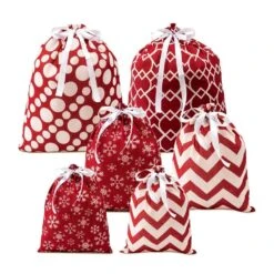 6 Pieces Fabric Gift Bags Red Elegant Color With 3 Sizes For Each Season, Holiday Present Giving