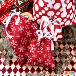 6 Pieces Fabric Gift Bags Red Elegant Color With 3 Sizes For Each Season, Holiday Present Giving -Northlight Shop joyfy christmas gift bags 11087 b fa 1000