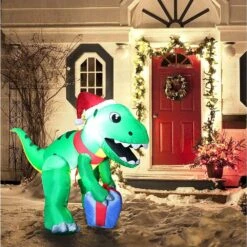 5 Ft. Tall X 3 Ft. W, Green, Red And Blue Plastic Christmas Dinosaur With Hat Inflatable -Northlight Shop joyfy christmas inflatables 30057 1f 1000
