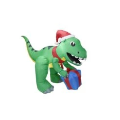 5 Ft. Tall X 3 Ft. W, Green, Red And Blue Plastic Christmas Dinosaur With Hat Inflatable -Northlight Shop joyfy christmas inflatables 30057 4f 1000