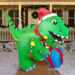 5 Ft. Tall X 3 Ft. W, Green, Red And Blue Plastic Christmas Dinosaur With Hat Inflatable