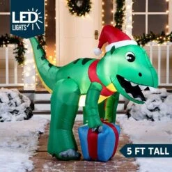 5 Ft. Tall X 3 Ft. W, Green, Red And Blue Plastic Christmas Dinosaur With Hat Inflatable -Northlight Shop joyfy christmas inflatables 30057 76 1000