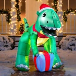 5 Ft. Tall X 3 Ft. W, Green, Red And Blue Plastic Christmas Dinosaur With Hat Inflatable -Northlight Shop joyfy christmas inflatables 30057 d4 1000