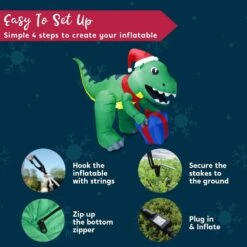 5 Ft. Tall X 3 Ft. W, Green, Red And Blue Plastic Christmas Dinosaur With Hat Inflatable -Northlight Shop joyfy christmas inflatables 30057 fa 1000