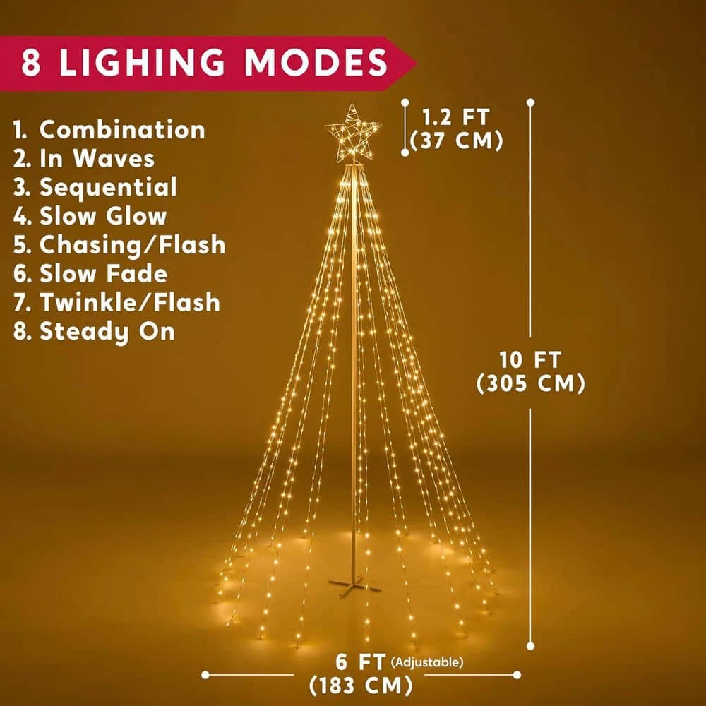 10 Ft. Cone Tree Yard Light Decorations, 560 LED Warm White Lights With Metal Stakes For Christmas 4 10 Ft. Cone Tree Yard Light Decorations, 560 LED Warm White Lights With Metal Stakes For Christmas - Image 4