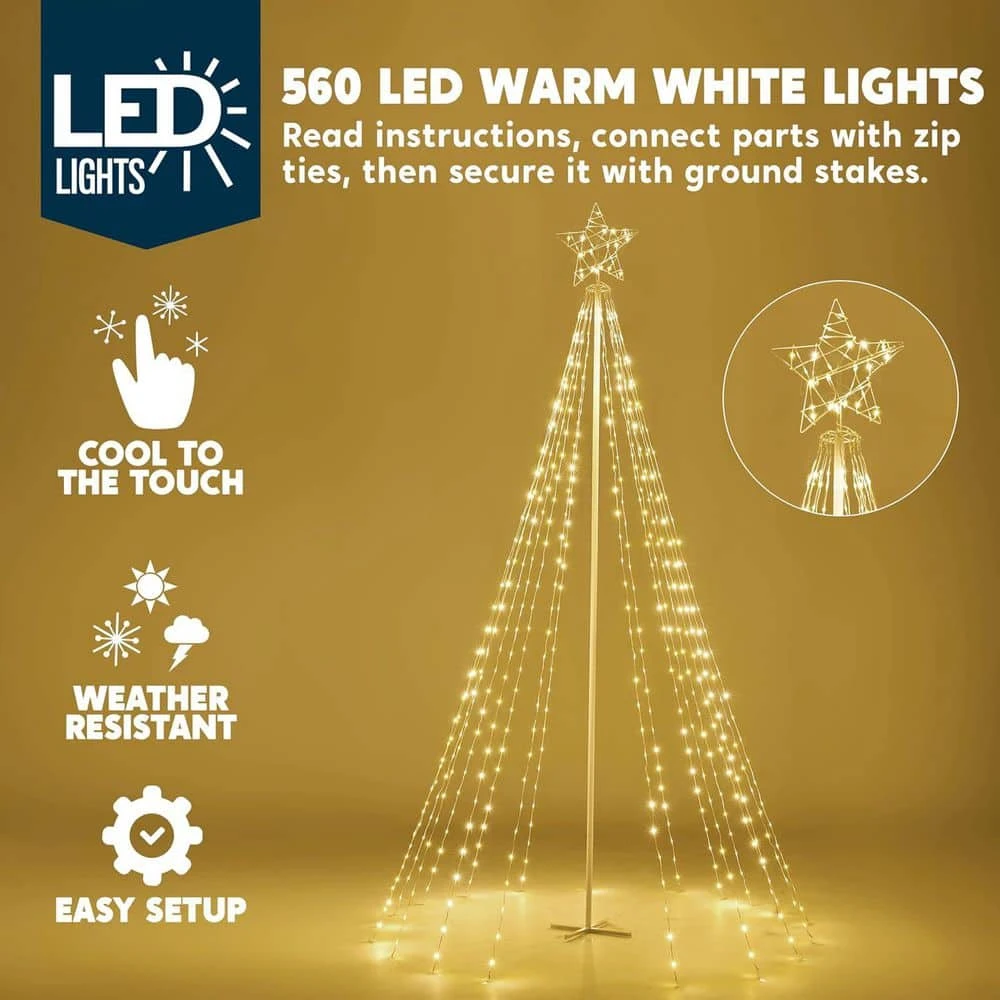 10 Ft. Cone Tree Yard Light Decorations, 560 LED Warm White Lights With Metal Stakes For Christmas 2 10 Ft. Cone Tree Yard Light Decorations, 560 LED Warm White Lights With Metal Stakes For Christmas - Image 2