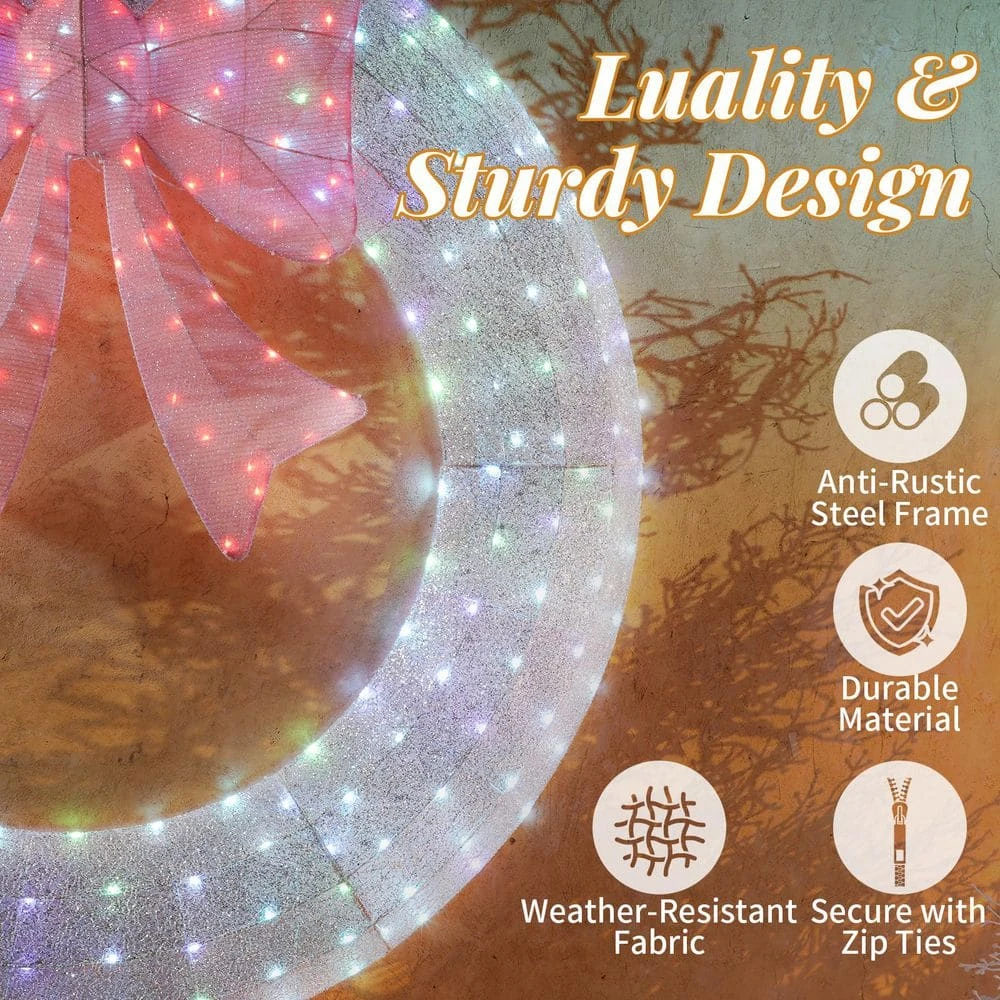 60 In. Silver Pre-Lit Artificial Christmas Wreath With Pink Bow And Multi-Color Lights 7 60 In. Silver Pre-Lit Artificial Christmas Wreath With Pink Bow And Multi-Color Lights - Image 7