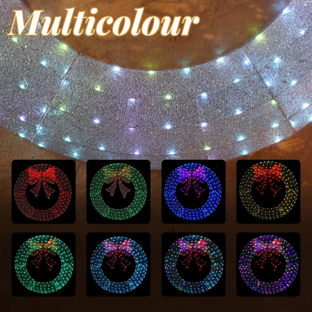 60 In. Silver Pre-Lit Artificial Christmas Wreath With Pink Bow And Multi-Color Lights 5 60 In. Silver Pre-Lit Artificial Christmas Wreath With Pink Bow And Multi-Color Lights - Image 5