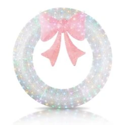 60 In. Silver Pre-Lit Artificial Christmas Wreath With Pink Bow And Multi-Color Lights
