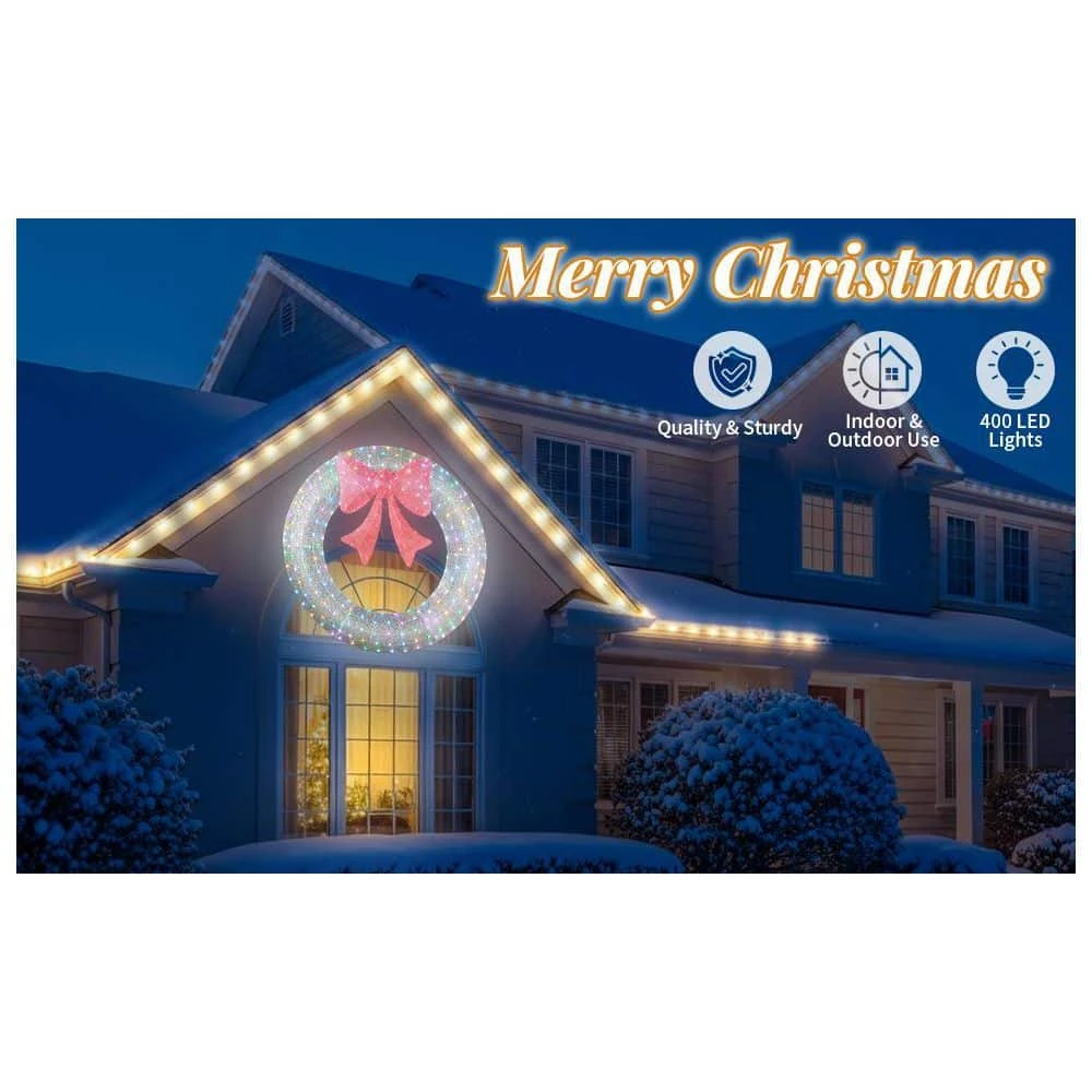 60 In. Silver Pre-Lit Artificial Christmas Wreath With Pink Bow And Multi-Color Lights 3 60 In. Silver Pre-Lit Artificial Christmas Wreath With Pink Bow And Multi-Color Lights - Image 3