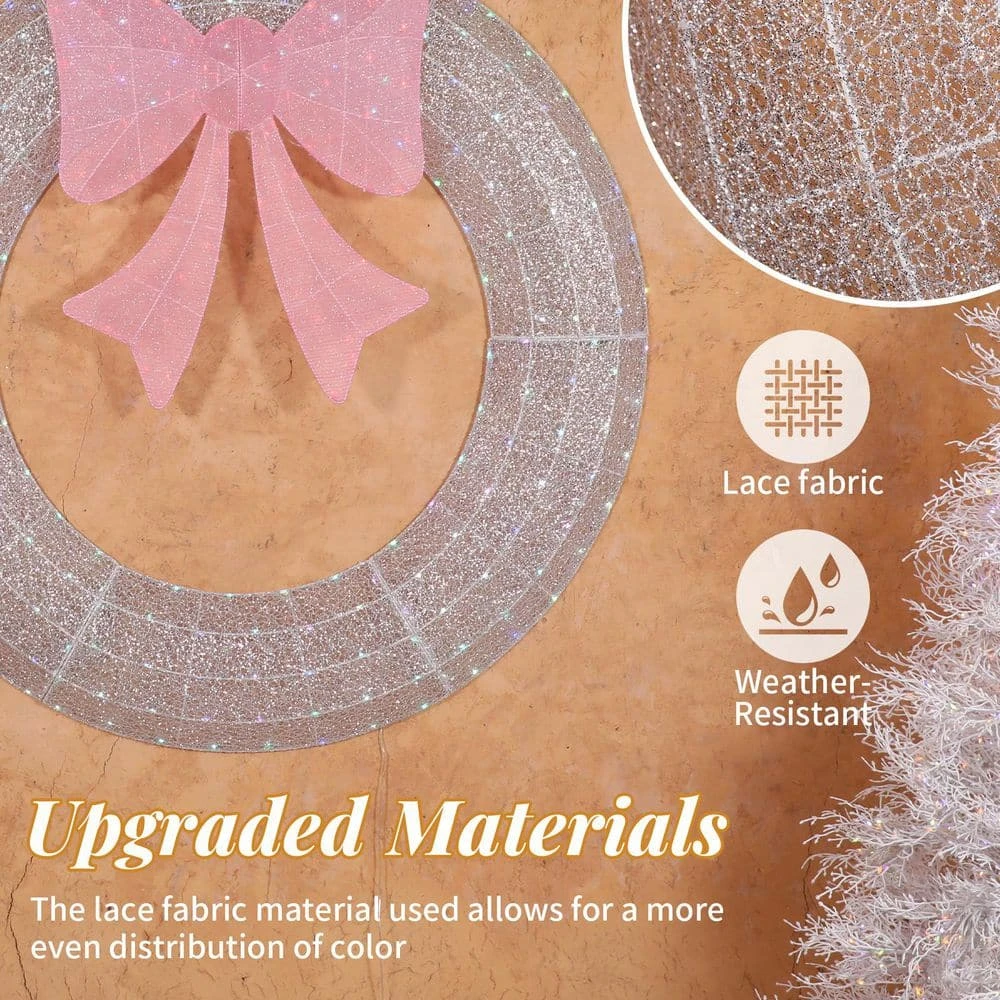 60 In. Silver Pre-Lit Artificial Christmas Wreath With Pink Bow And Multi-Color Lights 8 60 In. Silver Pre-Lit Artificial Christmas Wreath With Pink Bow And Multi-Color Lights - Image 8