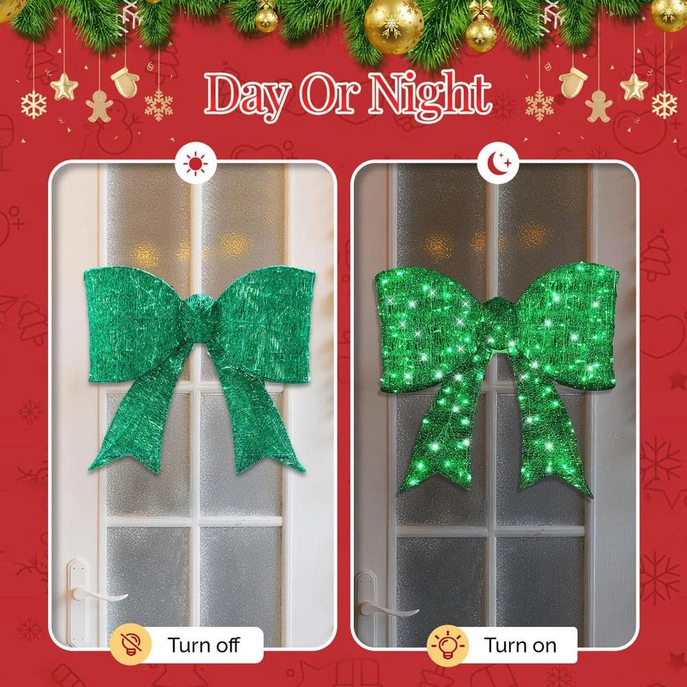 25 In. Green Pre-lit Outdoor Giant Bowknot Christmas Decoration 6 25 In. Green Pre-lit Outdoor Giant Bowknot Christmas Decoration - Image 6