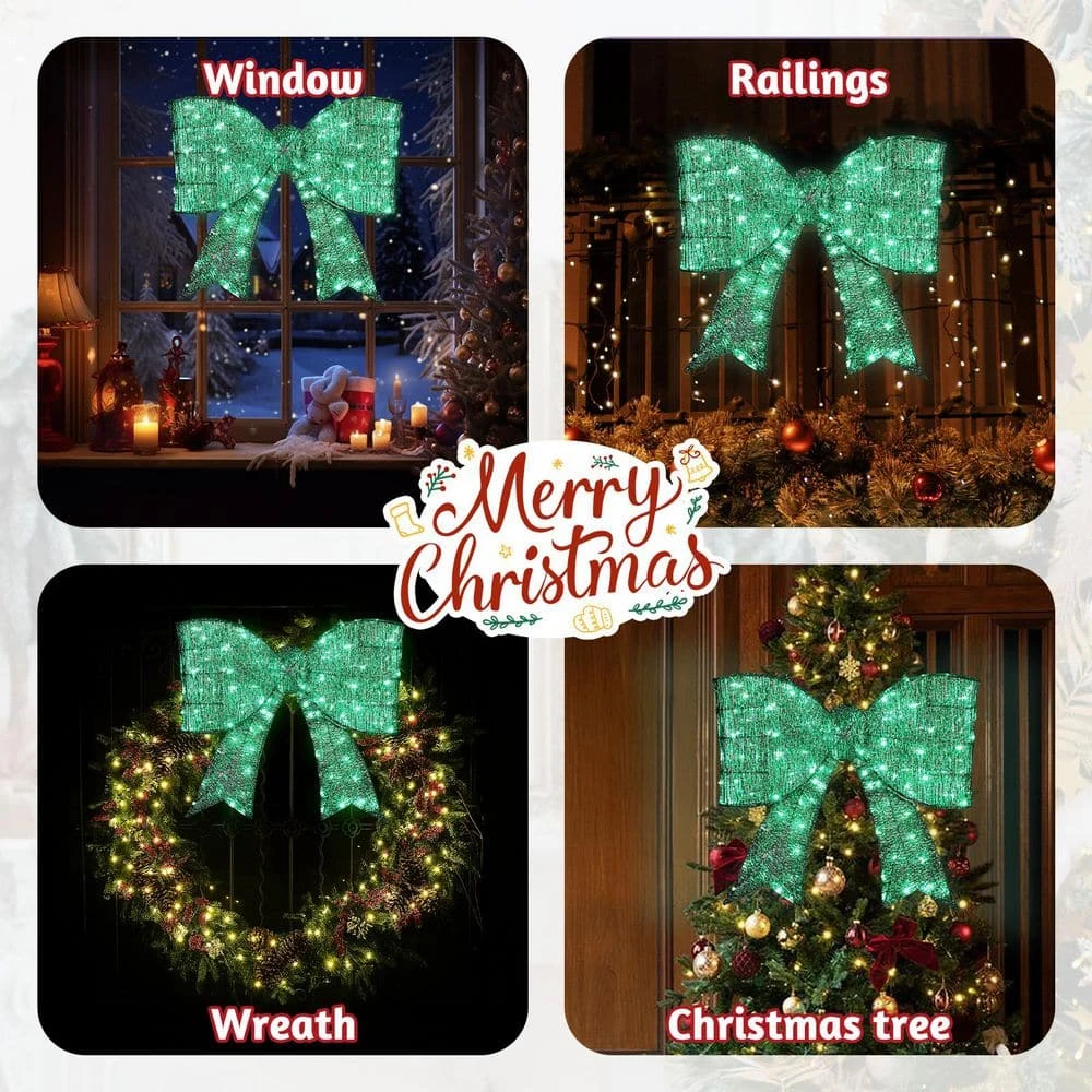25 In. Green Pre-lit Outdoor Giant Bowknot Christmas Decoration 2 25 In. Green Pre-lit Outdoor Giant Bowknot Christmas Decoration - Image 2