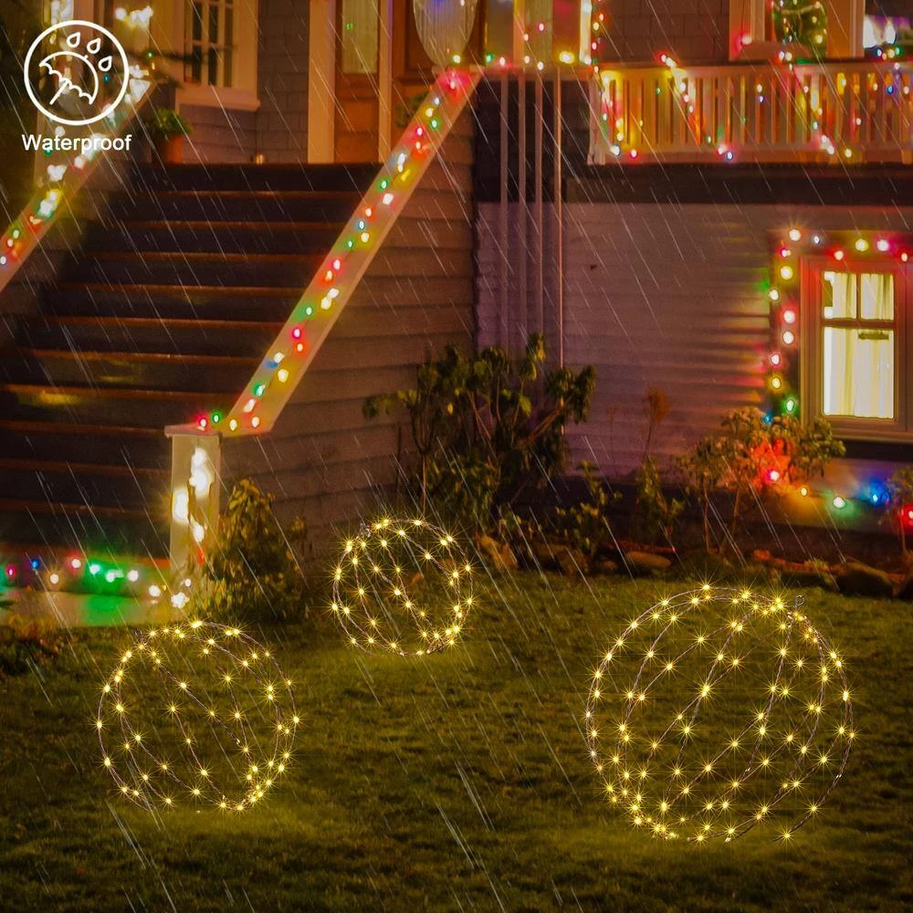 12 IN+16IN+20IN 248LED Light Ball Path Lights White Sphere Light Fold Flat Metal Frame Indoor Outdoor Waterproof, Brown 3 12 IN+16IN+20IN 248LED Light Ball Path Lights White Sphere Light Fold Flat Metal Frame Indoor Outdoor Waterproof, Brown - Image 3