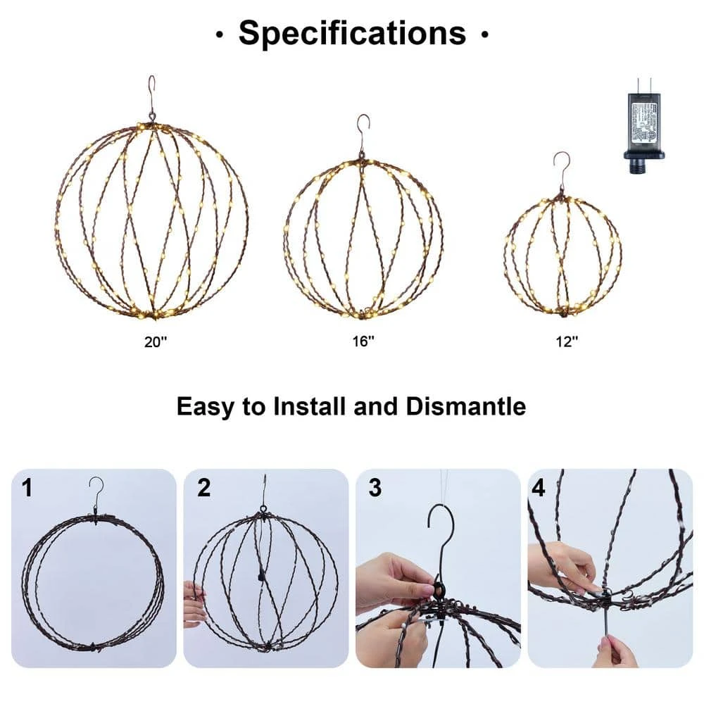12 IN+16IN+20IN 248LED Light Ball Path Lights White Sphere Light Fold Flat Metal Frame Indoor Outdoor Waterproof, Brown 6 12 IN+16IN+20IN 248LED Light Ball Path Lights White Sphere Light Fold Flat Metal Frame Indoor Outdoor Waterproof, Brown - Image 6