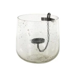 Clear Glass Candle Holder With Black Metal Accents And Brown Speckles