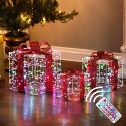 Indoor/Outdoor Lighted Christmas Holiday Presents Decoration With Remote (Set Of 3)