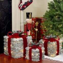 11.81 In. H 3-Piece Frosted Faux Cedar Branch Giftbox Christmas Decoration Set With Battery Operated Lights -Northlight Shop luxenhome christmas figurines whhd2049 31 1000