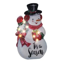 26 In. White Steel Battery Operated Floor Standing Pre-Lit Snowman Christmas Sign With LED Lights