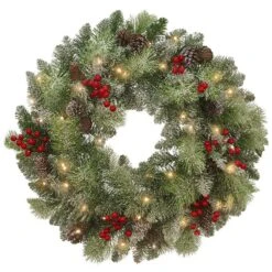 24 In. Battery Operated PreLit LED Artificial Christmas Wreath With Pinecones And Berries