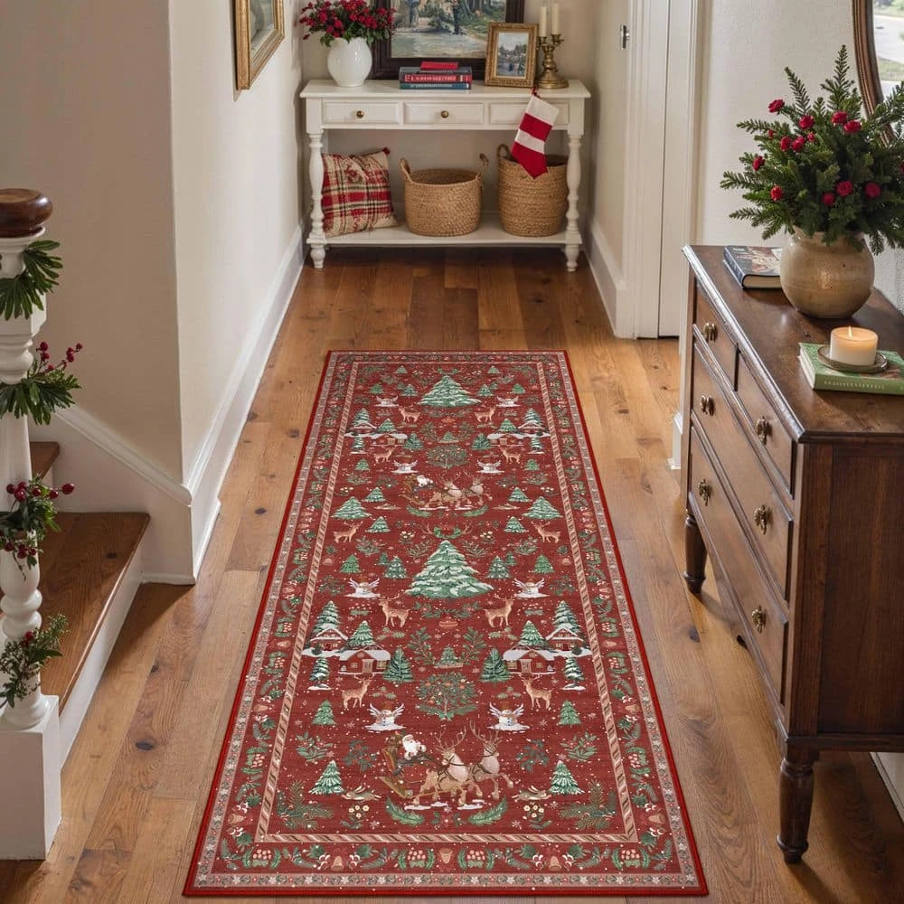 Christmas Multi 2 Ft. X 6 Ft. Elk Snowman Christmas Tree Area Rug 2 Christmas Multi 2 Ft. X 6 Ft. Elk Snowman Christmas Tree Area Rug - Image 2