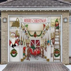 7 Ft. X 8 Ft. Santa's Reindeer Barn Holiday Garage Door Decor Mural For Single Car Garage