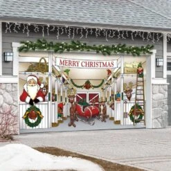 7 Ft. X 16 Ft. Huge Santa's Reindeer Barn Christmas Garage Door Decor Mural For Double Car Garage -Northlight Shop my door decor christmas garage door decorations 285905xmas 002 1f 1000