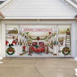 7 Ft. X 16 Ft. Huge Santa's Reindeer Barn Christmas Garage Door Decor Mural For Double Car Garage