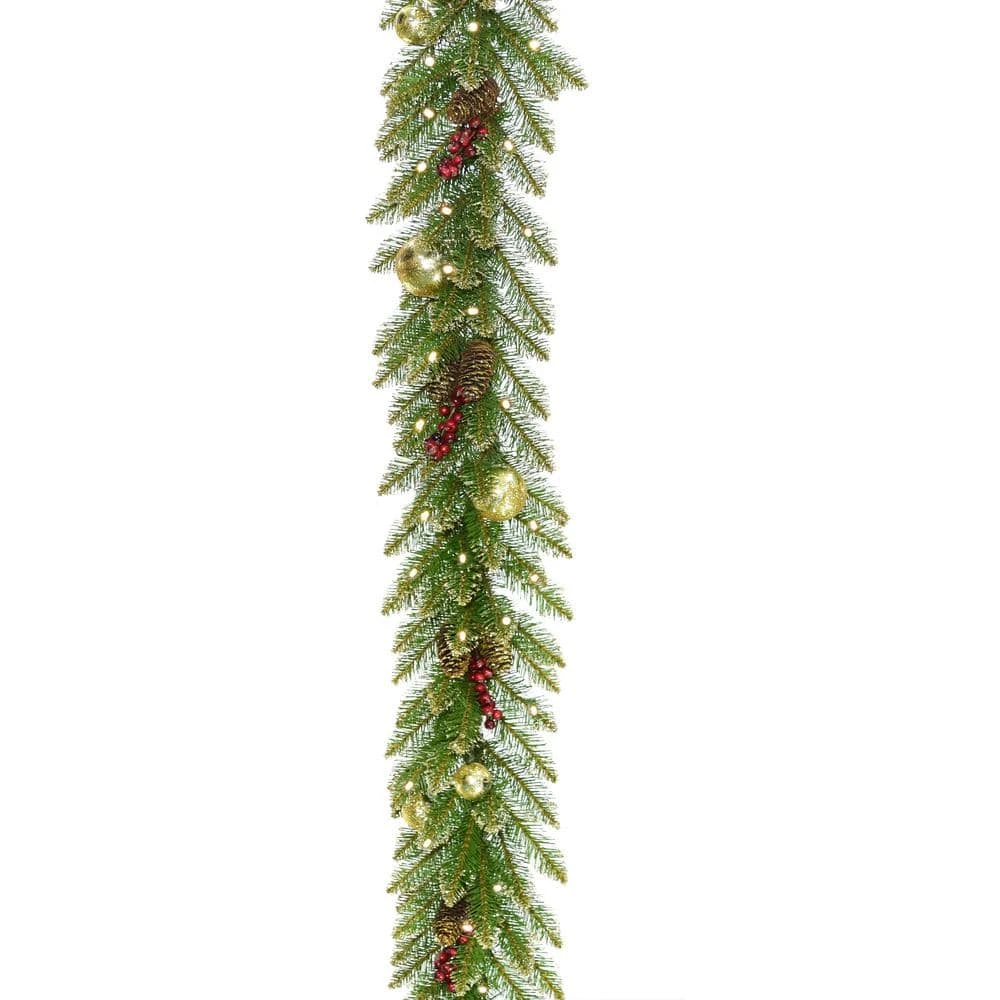 9 Ft. X 10 In. Glittery Gold Dunhill Fir Garland With Red Berries, Gold Edged Cones, Gold Ornaments 1 9 Ft. X 10 In. Glittery Gold Dunhill Fir Garland With Red Berries, Gold Edged Cones, Gold Ornaments