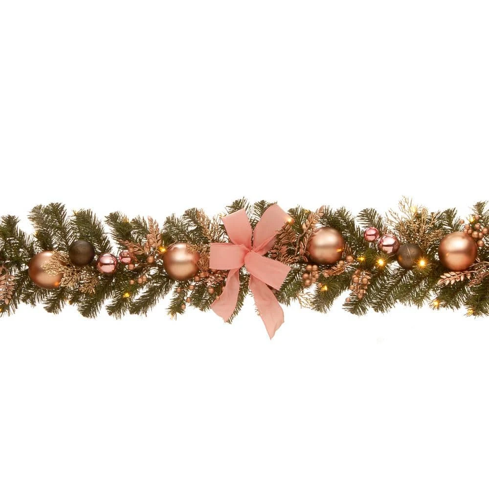 72 In. Decorated Pine Garland With Bow, Gold Ornaments, Berries And LED 1 72 In. Decorated Pine Garland With Bow, Gold Ornaments, Berries And LED