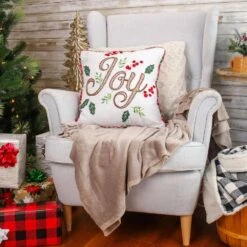 18 In. HGTV Home Collection Embroidered "Joy" Christmas Pillow -Northlight Shop national tree company christmas textiles hgt93 tcc25320a 31 1000