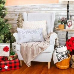 14x22 In. Coastal "Merry" Embroidered Pillow -Northlight Shop national tree company christmas textiles hgt93 tcc25688a 31 1000