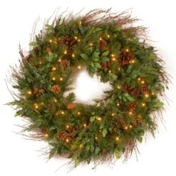 36 In. Decorative Collection Juniper Mix Pine Artificial Wreath With Warm White LED Lights