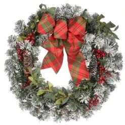 24 In. General Store Snowy Artificial Christmas Wreath With LED Lights And Bow -Northlight Shop national tree company christmas wreaths dc13 325l 24w b fa 1000